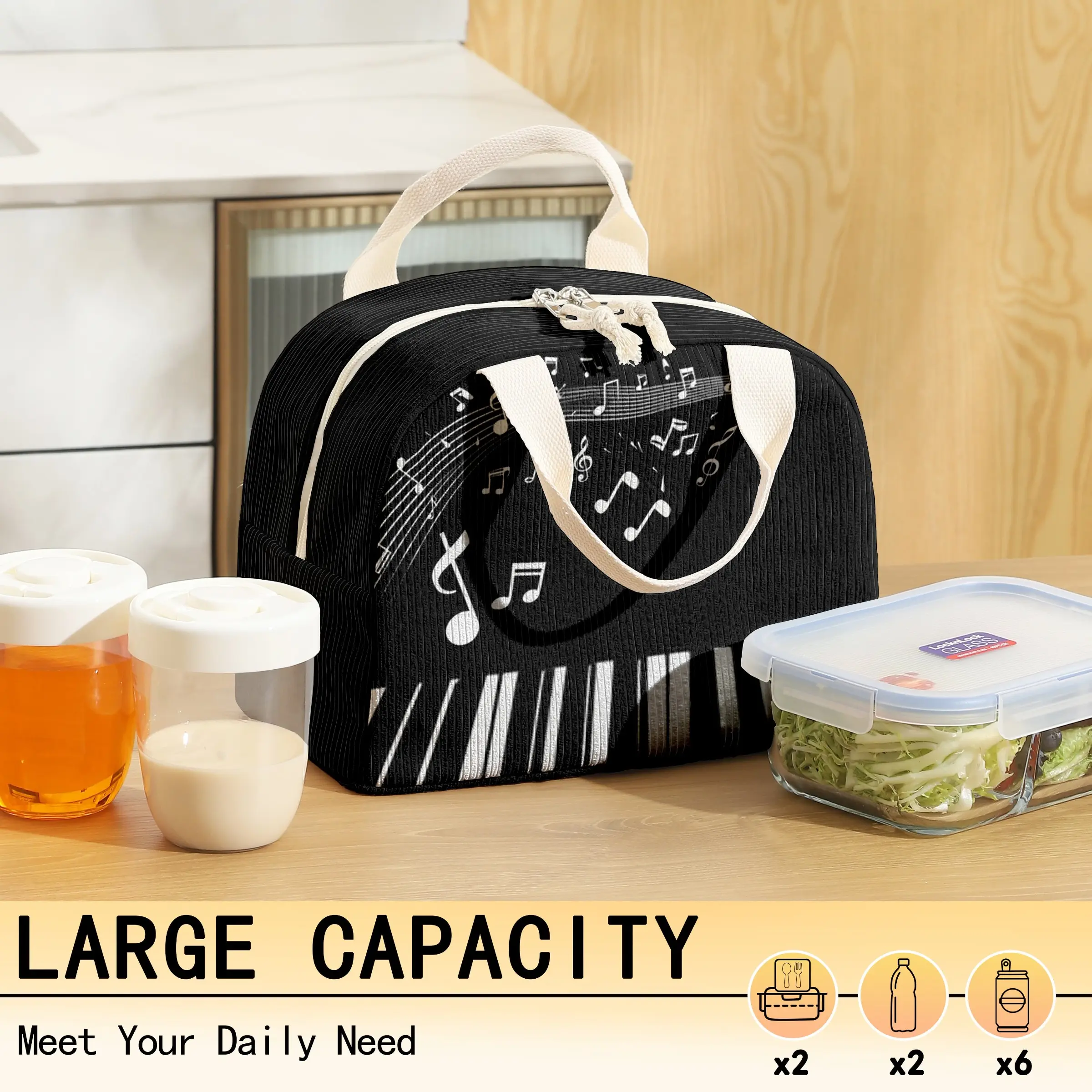 Reusable Lunch Box Bag with Piano Note Print, Portable Zipper Cooler Pouch, Non-Food Contact, Ideal for Travel Picnic Office School Commute