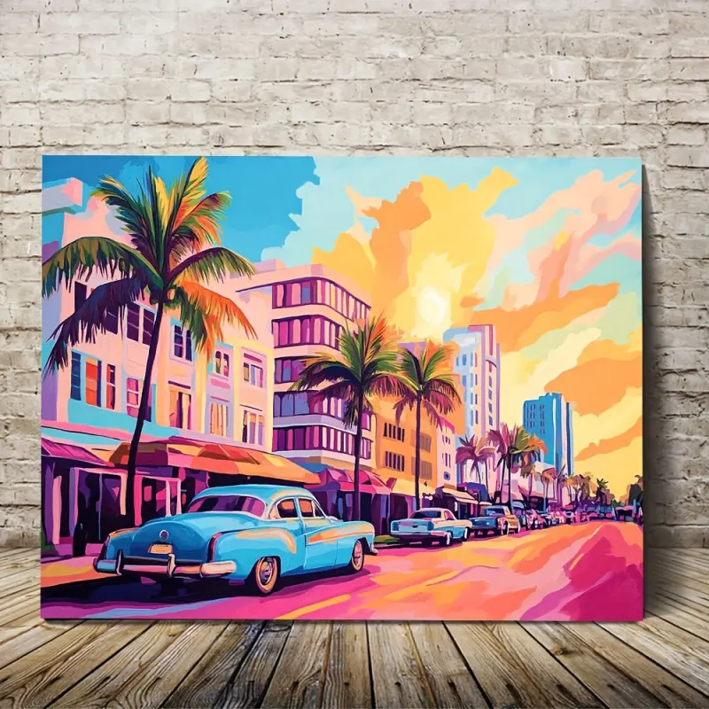 2D Flat Surface, 1 Piece Miami Art Decor Crystal Painting, Vivid, 2D Flat Wooden Frame - Ready to Hang, Tropical Palm Trees and Vintage Cars, Suitable for Bedroom and Living Room Decoration, Living Room Artwork| Vivid Wall Art| Detailed palm tree, beach a