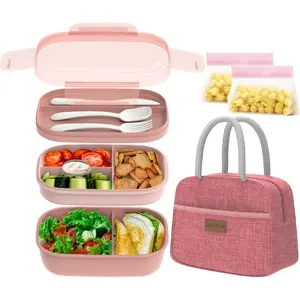 Bento Lunch Box Set - 3 Stackable Containers for Adults and Kids,lunch box for women- Includes Lunch Bag, Leak-Proof and BPA-Free - Built-in Utensil Set - Dishwasher Safe (Pink)