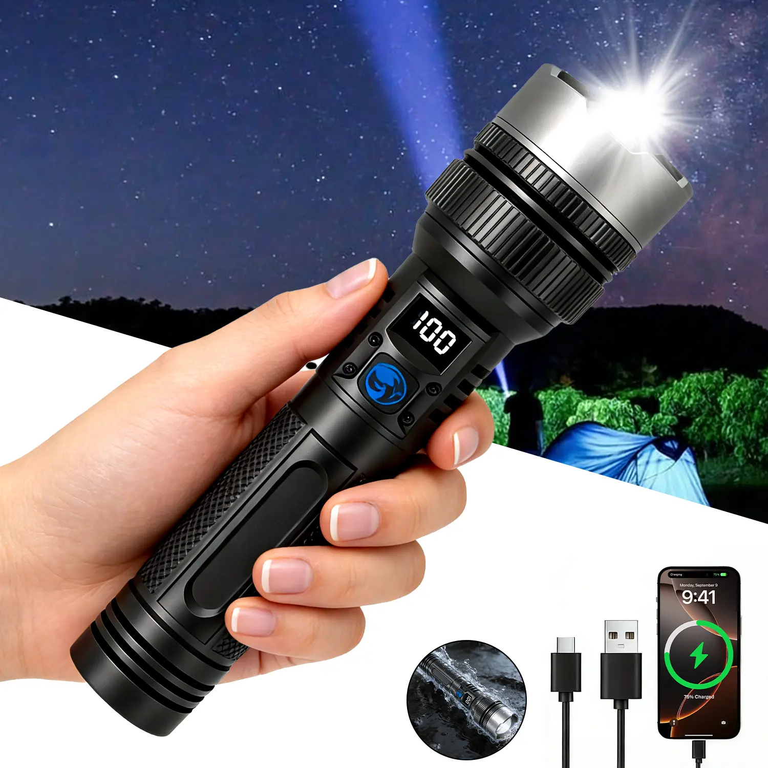 Outdoor Flashlight and Portable Power Bank 2200-Lumen Adjustable Focus LED Flashlight Smart Digital Display and IPX4 Water Resistance Rating Ideal for Camping Gatherings, Outdoor Construction Sites, and Emergency Situations DealsForYouDays
