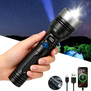 Outdoor Flashlight and Portable Power Bank 2200-Lumen Adjustable Focus LED Flashlight Smart Digital Display and IPX4 Water Resistance Rating Ideal for Camping Gatherings, Outdoor Construction Sites, and Emergency Situations
