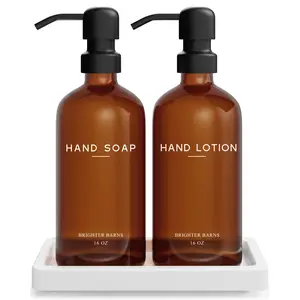 Amber Glass Soap and Lotion Dispenser Set with Tray by Brighter Barns - Hand Soap Dispenser Bathroom Set & Stainless Steel Pump for Home, Restaurant, Spa - Neutral Bathroom Decor & Accessories (Amber)