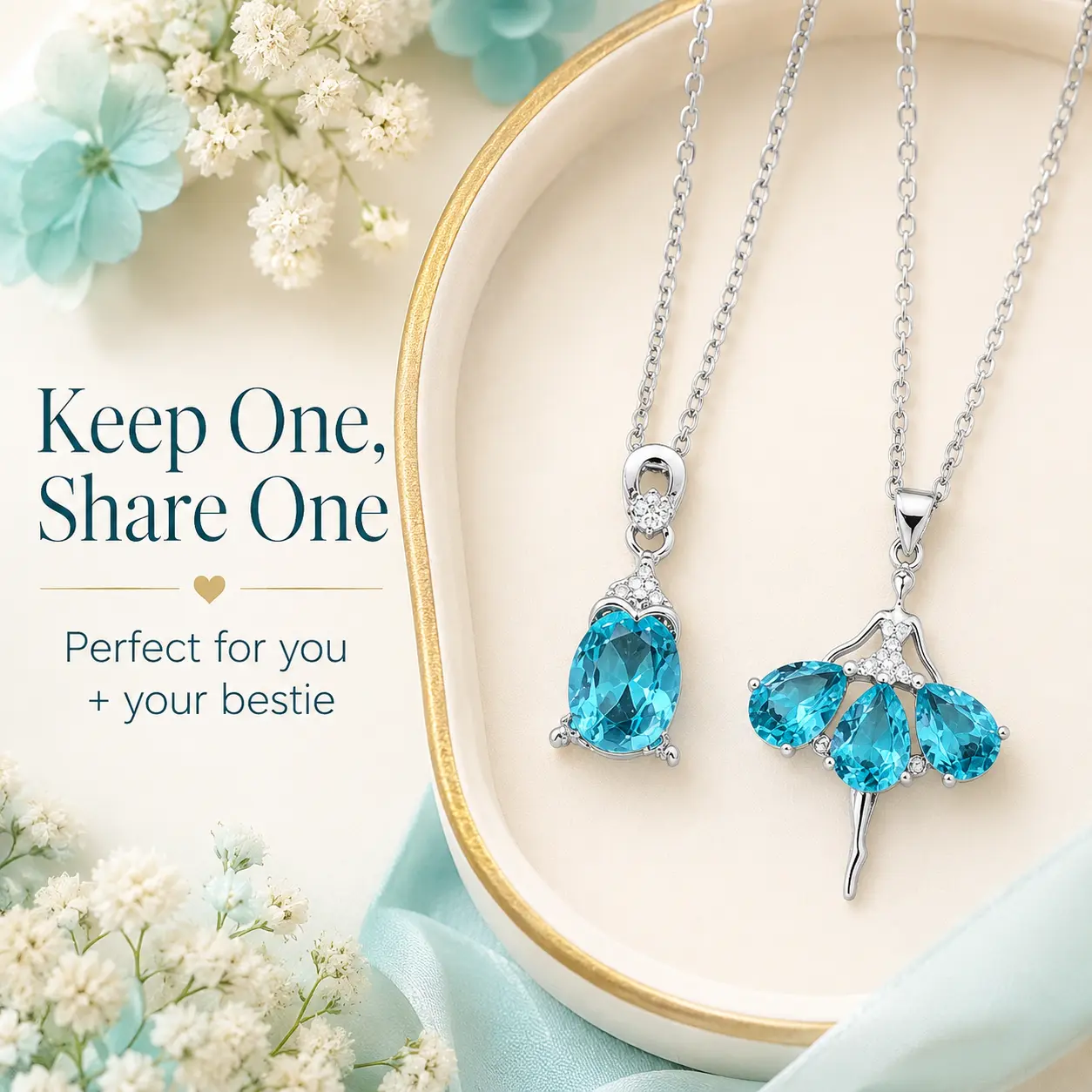 2-Piece Blue Stone Pendant Necklace Set for Women, Owl Charm & Ballerina Dancer Design, Silver-Tone Chain Jewelry, Cute Gift Set for Everyday Wear