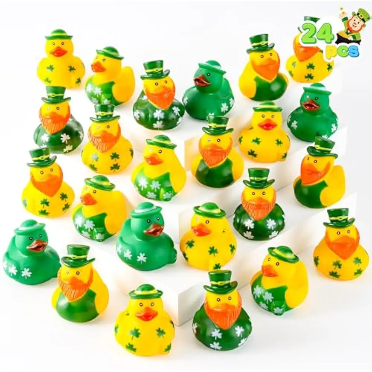 24 Pcs St.Patrick's Day Rubber Ducks, Green Rubber Lucky Ducks with Hats & Shamrock Patterns, Small Kid Bath Toys, St Patrick Gifts for Kids, Party Favors & Decorations