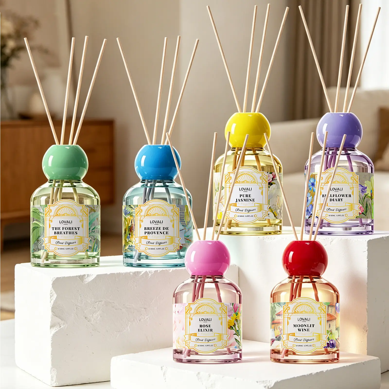 Aromatherapy Diffuser Bottle | 180ML / 6.09 OZ | 6 Fragrance Options: Gardenia / Jasmine / Lavender / Rose / White Tea / Sandalwood | Long-lasting Diffusion, Air Purification, Suitable for Bedroom, Living Room, Study, Office, Hotel | Home Gift