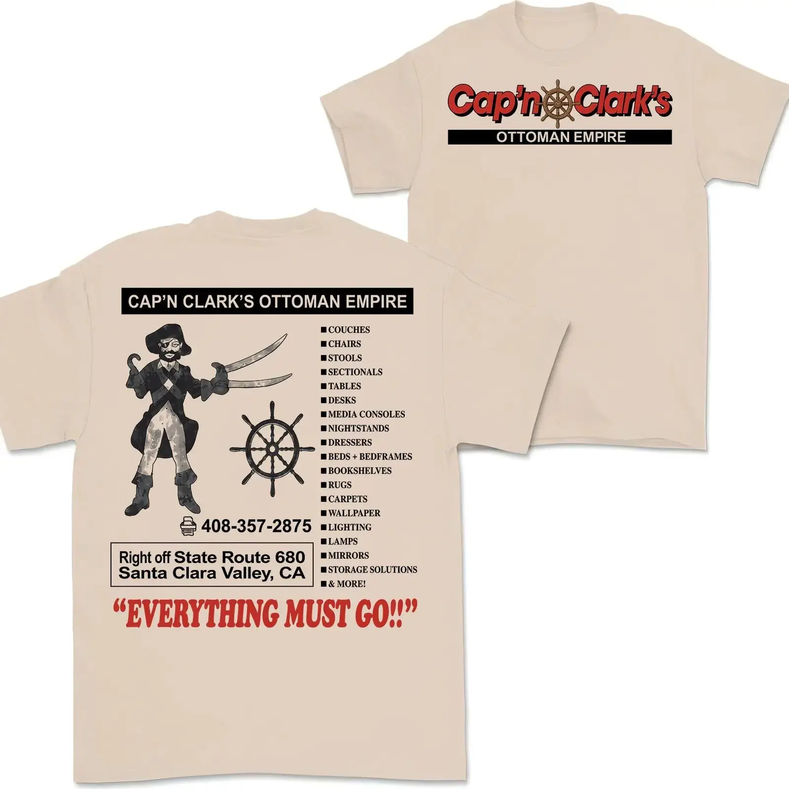 Backrooms 2 Sides Cap’n Clark’s Ottoman Empire Shirt, Funny Pirate Furniture Store Tee, Vintage 90s Ad Aesthetic, Retro CA Shirt