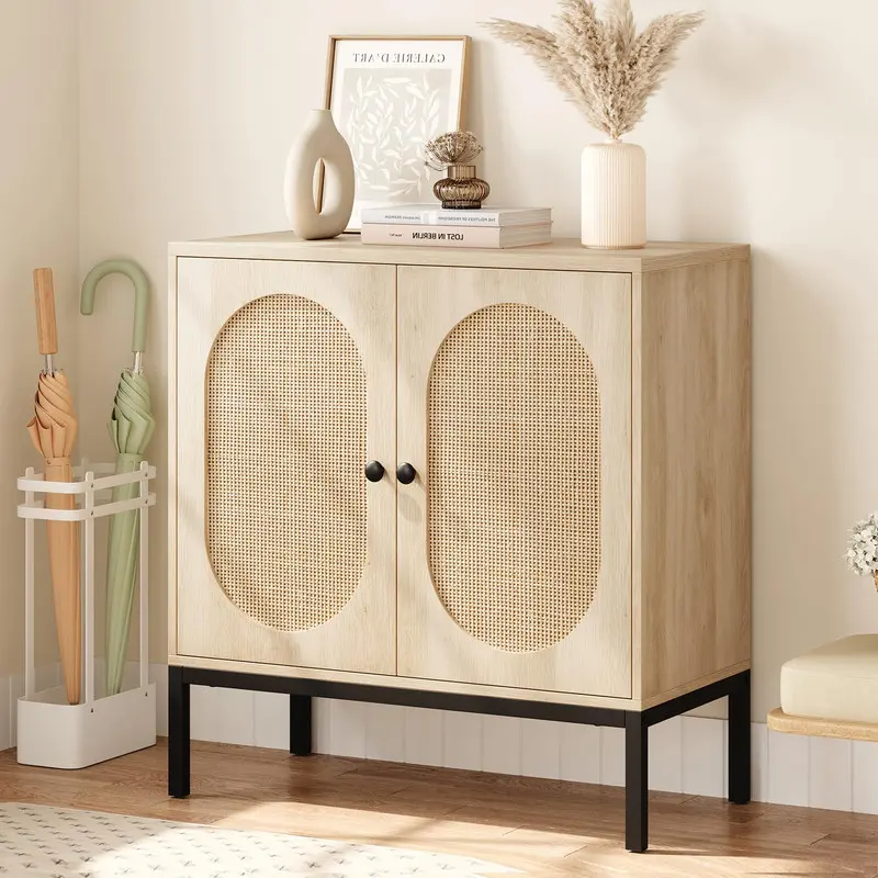 【Christmas Gift】Beige/Khaki Buffet Cabinet, Rattan Storage Cabinet with Doors and Shelves, Accent Cabinet Sideboard, Console Cabinet with Storage Entryway Cabinet for Living Room, Dining Room, Hallway