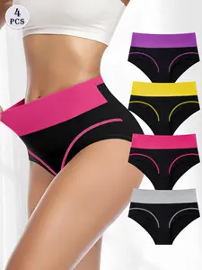 Lady's 4-Pack High Waist Cotton Blend Fabric Briefs - Soft, Comfortable, Breathable Full Coverage Panties with Contrast Trim, Tummy Control, Chic Elastic, Minimalist Design, Flat Seams; Essential Everyday & Activewear Athletic Sports Clothes Underwear
