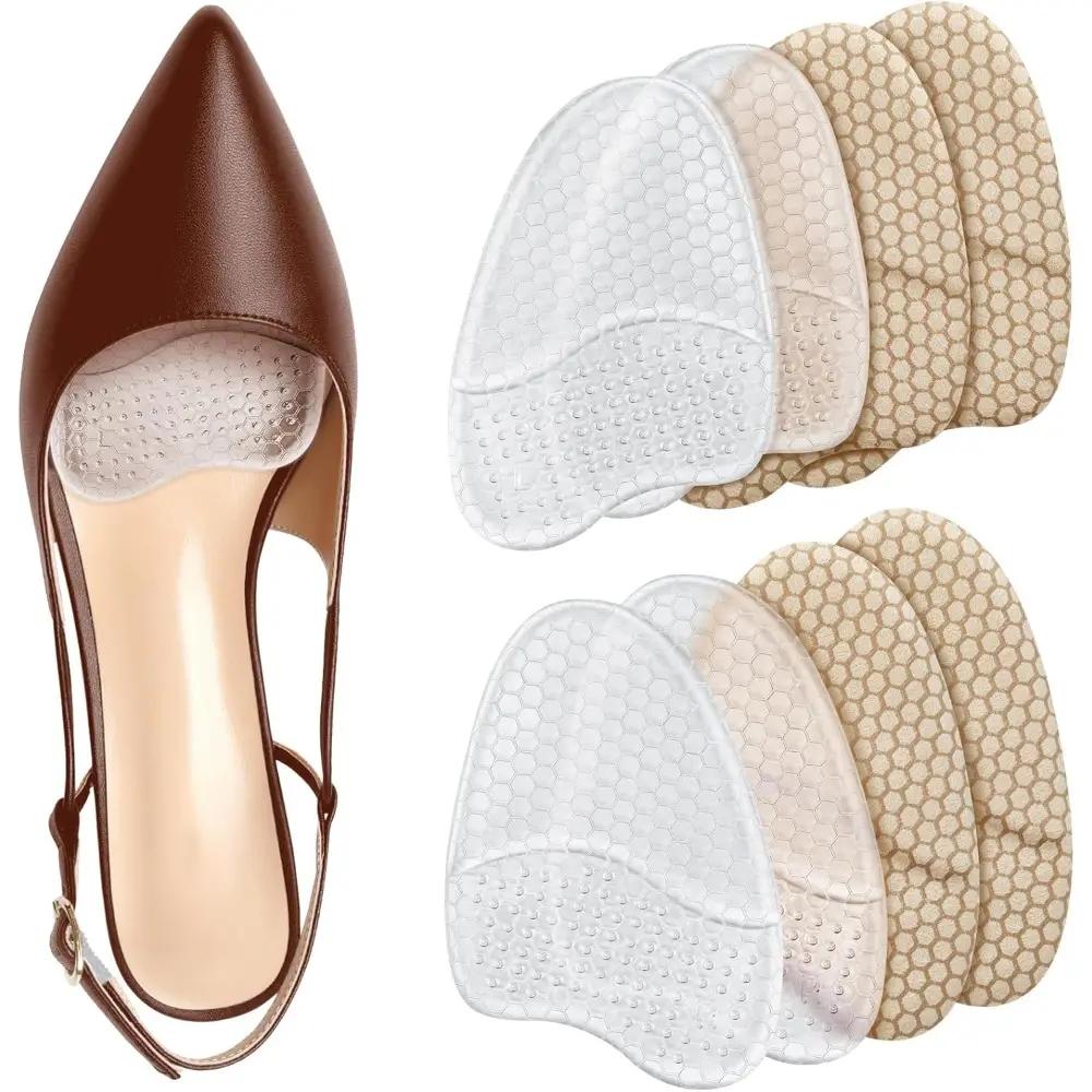 Women's Suede Metatarsal Pads (4 Pairs), Invisible Honeycomb Anti-Slipping Gel Forefoot Cushions with Adhesive for High Heels and Parties, Soft, 4Pairs Mix, Adhesive Tape, One Size