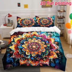 2D Flat 3Pcs Bohemian Mandala Decorative Duvet Cover, Vibrant Colorful Pattern Bedding, Soft Microfiber Comforter with 2 Pillowcases (No Filling), for Bedroom Dorm Room Home Decor, Queen Size, King