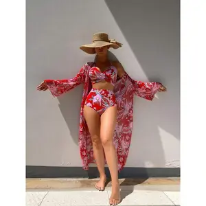 3 Piece Swimsuit For Women Sexy Floral Bikini Set With Cover Up, High Waist Bathing Suit, Red Beachwear, Push Up Padded Top, Adjustable Tie Sides