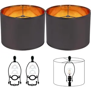 Set of 2 12-Inch Medium Gold Black Drum Replacement Lamp Shades for Table Lamps Floor Lamps DIY Pendant Lights Wall Lights, Harp Holder Included, Requires Assembly