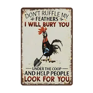[12x8" Rooster Metal Sign] Vintage Aluminum Metal Sign "Don't Ruffle My Feathers" Rooster Theme Wall Hanging Poster for Outdoor, Garage, Porch, Cafe, Bar, Man Cave, Farm Yard Decor  Farmhouse Gift
