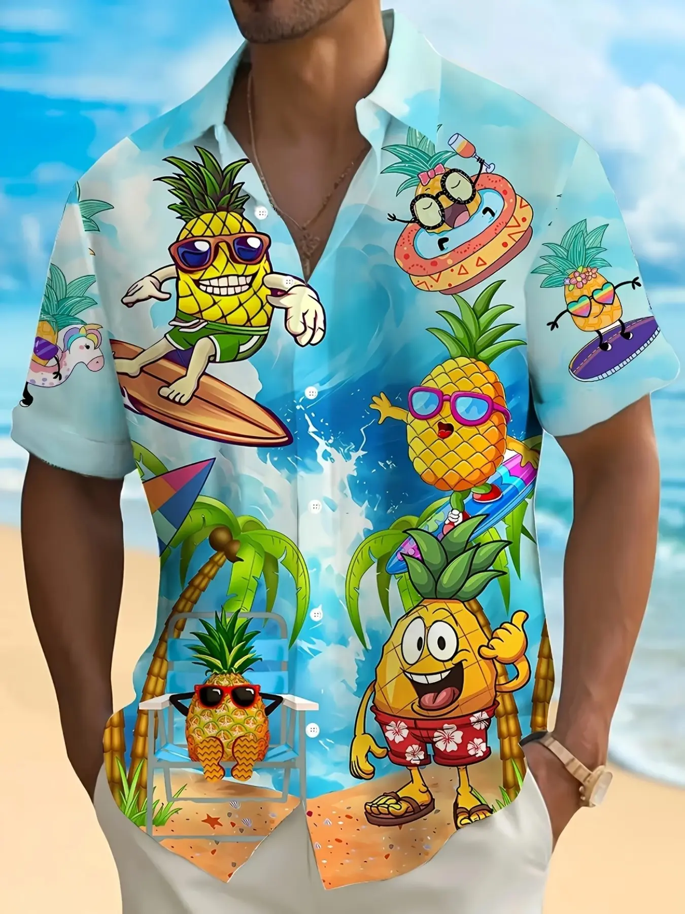 Men's Tropical Pineapple Hawaiian Shirt, Casual Short Sleeve, Beachwear, Beach Club Shirt, Coastal Shirt, Bright Cartoon Print, Light Blue, Polyester Fabric, Casual Tropical Style
