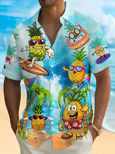 Men's Tropical Pineapple Hawaiian Shirt, Casual Short Sleeve, Beachwear, Beach Club Shirt, Coastal Shirt, Bright Cartoon Print, Light Blue, Polyester Fabric