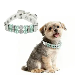 PETAXCELL Pearl Dog Collar, Bling Pearl Cat Collar Fancy Crystal Rhinestone Luxury Beaded Pet Cute Wedding Necklace Gift Diamond, (Green, XS), Intended for Teacup /Puppies/Kitten/Small Pet