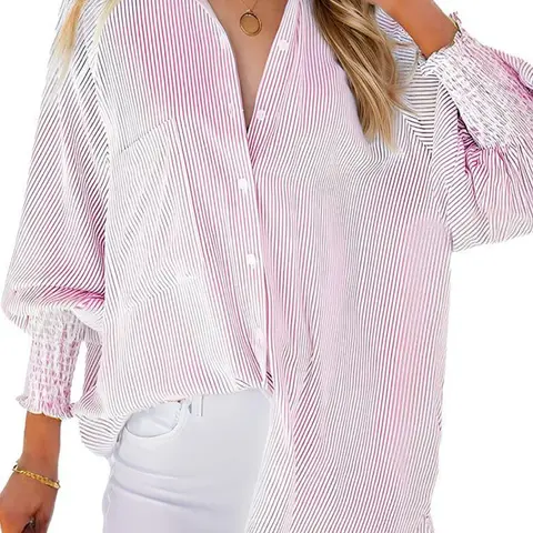 Women's Striped Print Flounce Sleeve Button Front Shirt, Casual Long Sleeve Collared Pocket Top for Spring & Fall, Women's Clothes for Daily Wear, Button Up Blouse, Button Closure Top