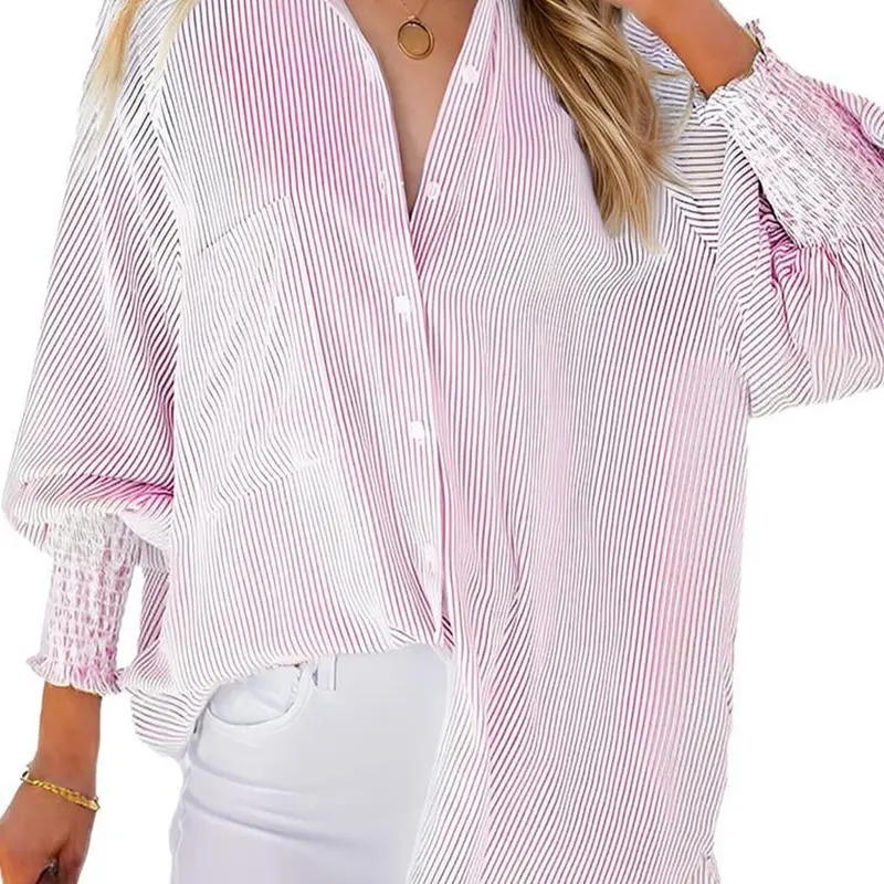 Women's Striped Print Flounce Sleeve Button Front Shirt, Casual Long Sleeve Collared Pocket Top for Spring & Fall, Women's Clothes for Daily Wear, Button Up Blouse, Button Closure Top