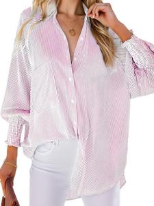 women's striped print flounce sleeve button front shirt, casual long sleeve collared pocket top for spring & fall, women's clothes for daily wear, lady long sleeve going tops