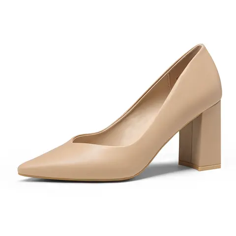 Dream Pairs Women's Elegant Block Chunky Heeled Pumps - Slip-On, Pointed Toe, Fashion Heeled Footwear for Office, Evening Party