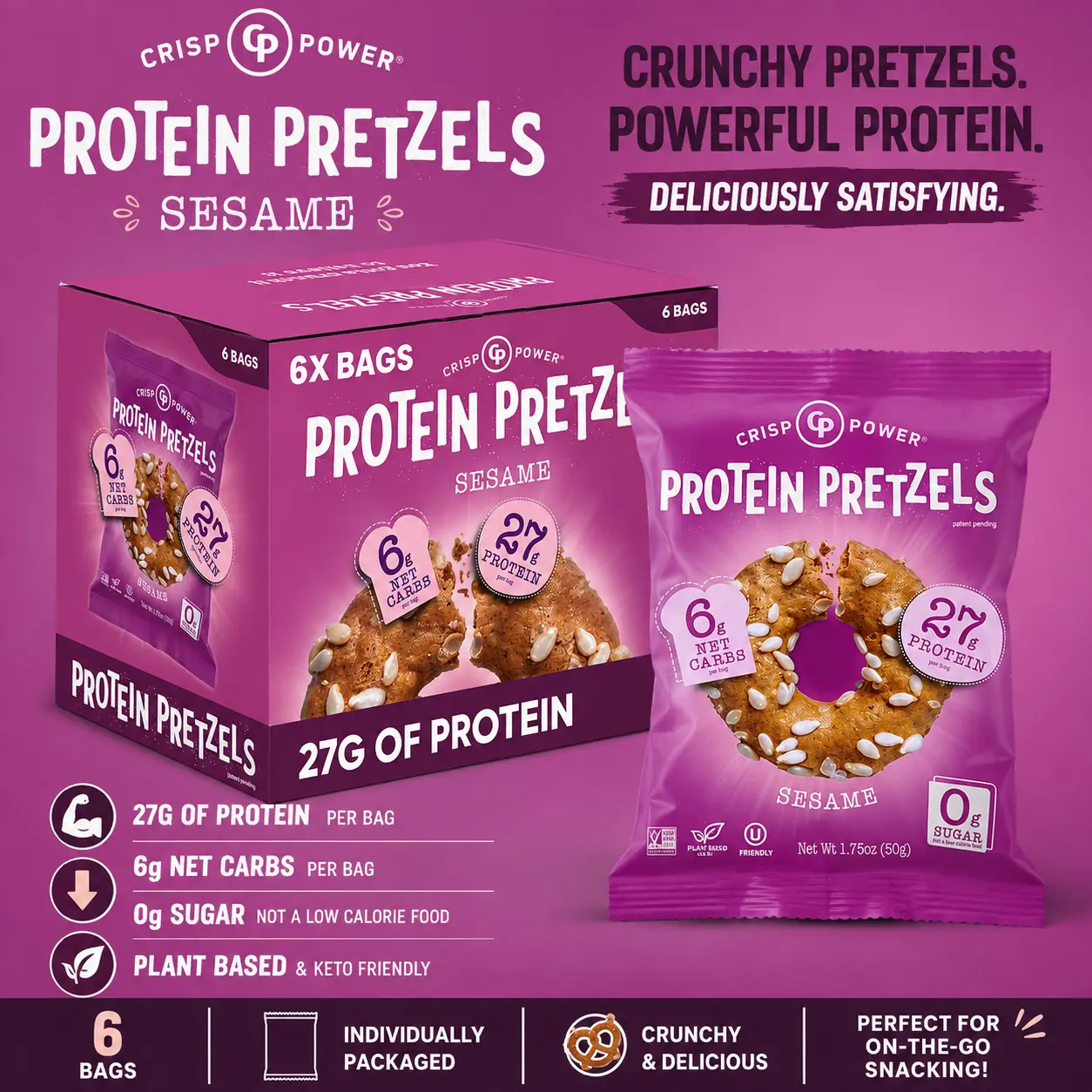 Crisp Power Protein Pretzels Sesame Flavor 1.75 oz 6 Count High Protein Crunchy Pretzel Snacks