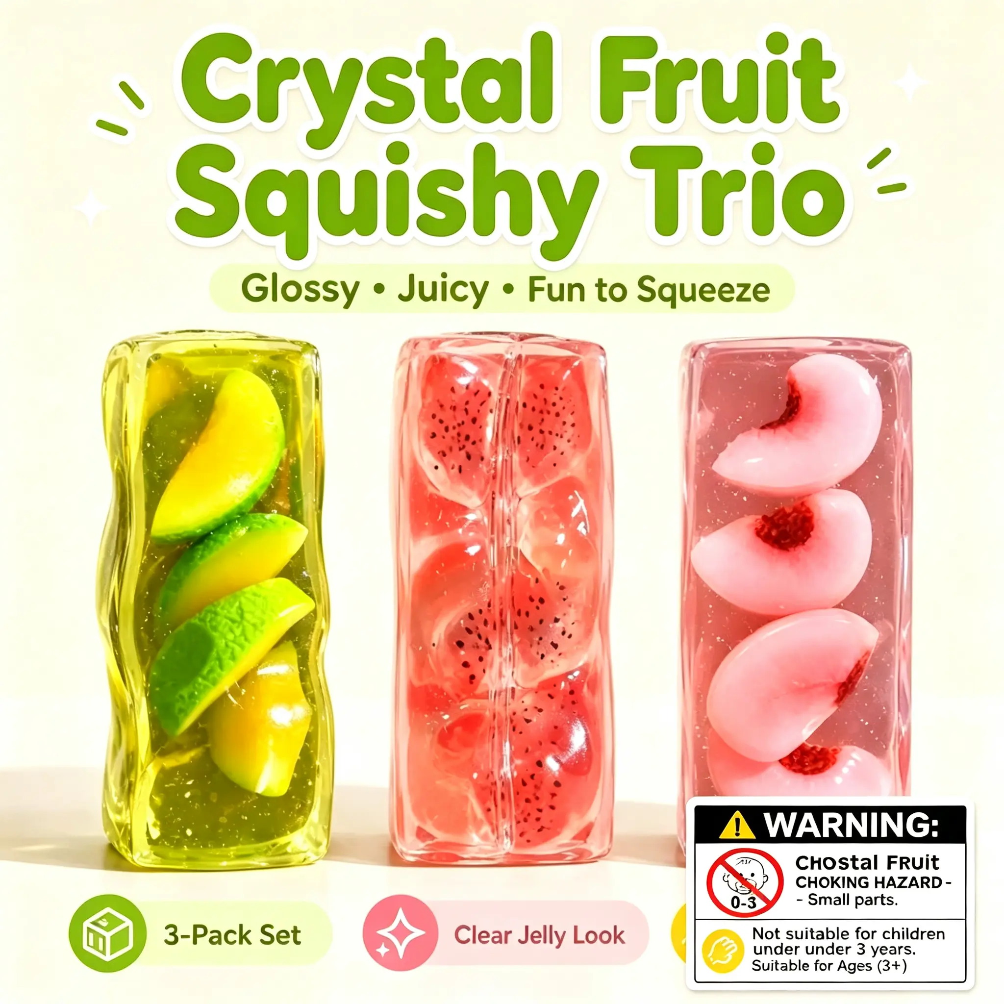 Fruit Jelly Stick Squishy Stress Ball, viral TikTok fidget toy with satisfying squeeze sound, reshapable stress relief toy. Firm texture needs grip strength to squeeze, not fit for weak hands. Ideal daily decompression gift