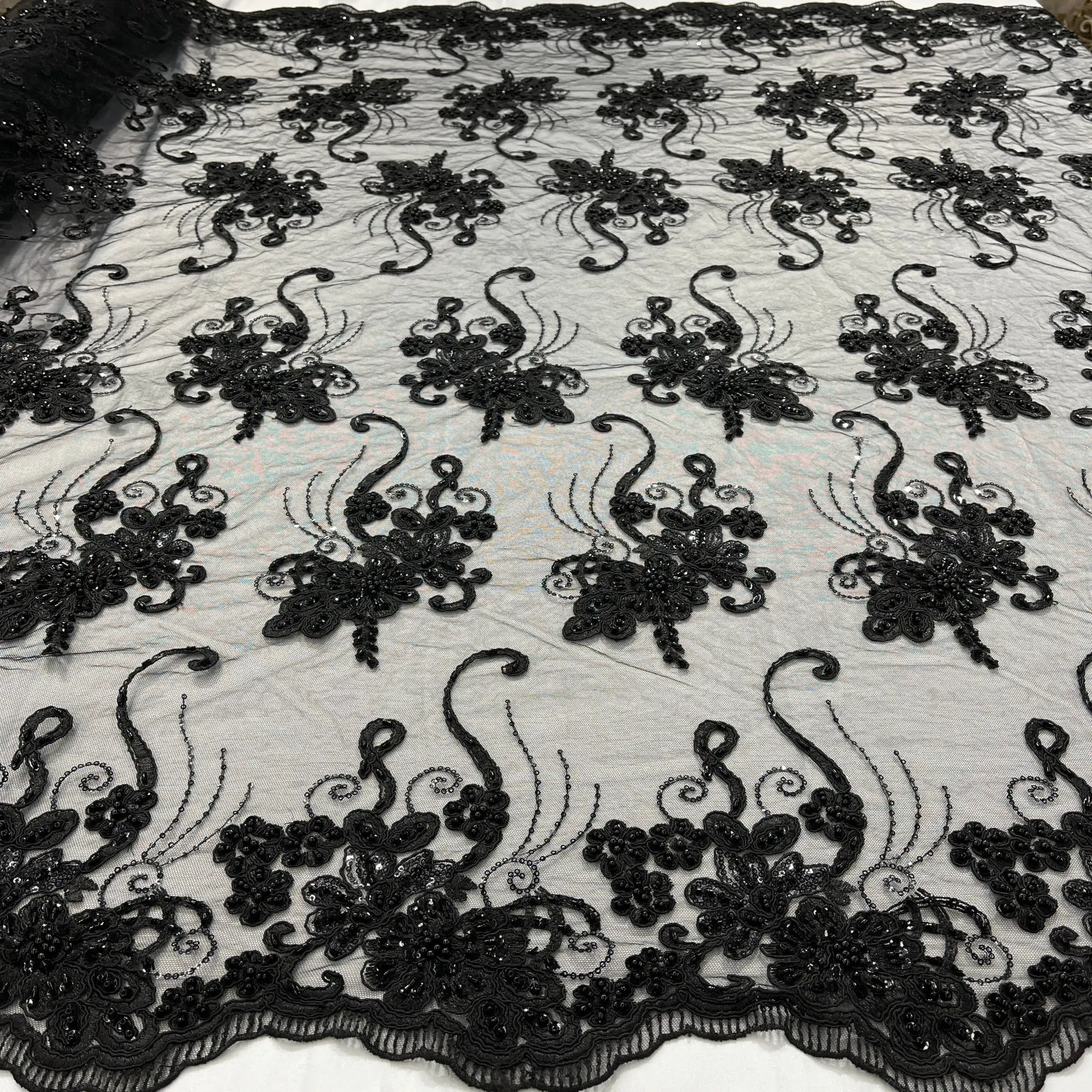 Elegant Formal Beaded & Corded Lace Fabric, Embroidered on 100% Polyester Net Mesh - Lace USA GD-1807, Elegant Formal Lace