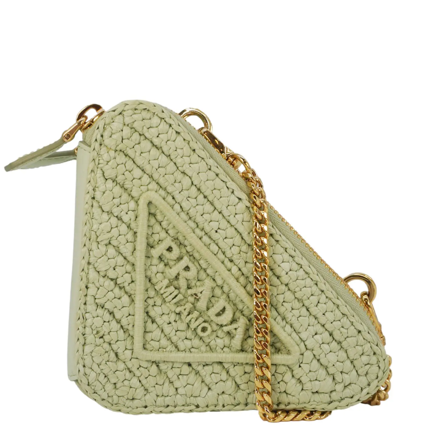Pre-owned PRADA Raffia Clutches & Wristlets Triangle Logo Embroidered Leather Chain Pouch Green