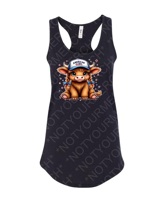 American Girl Highland Cow Tank – Cute Patriotic Animal Top
