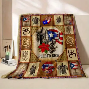 Puerto Rico themed flannel blanket - bright cultural prints featuring flags, symbols, and Puerto Rican text - soft and warm, suitable for all seasons, lightweight and breathable, comfortable and warm, unique design birthday celebration