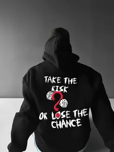 Unisex Men's Letter & Dice Print Drop Shoulder Hoodie, Loose Fashion Casual Drawstring Pocket Hooded Sweatshirt for Daily Holiday Outdoor Wear, Men Clothes for Fall & Winter