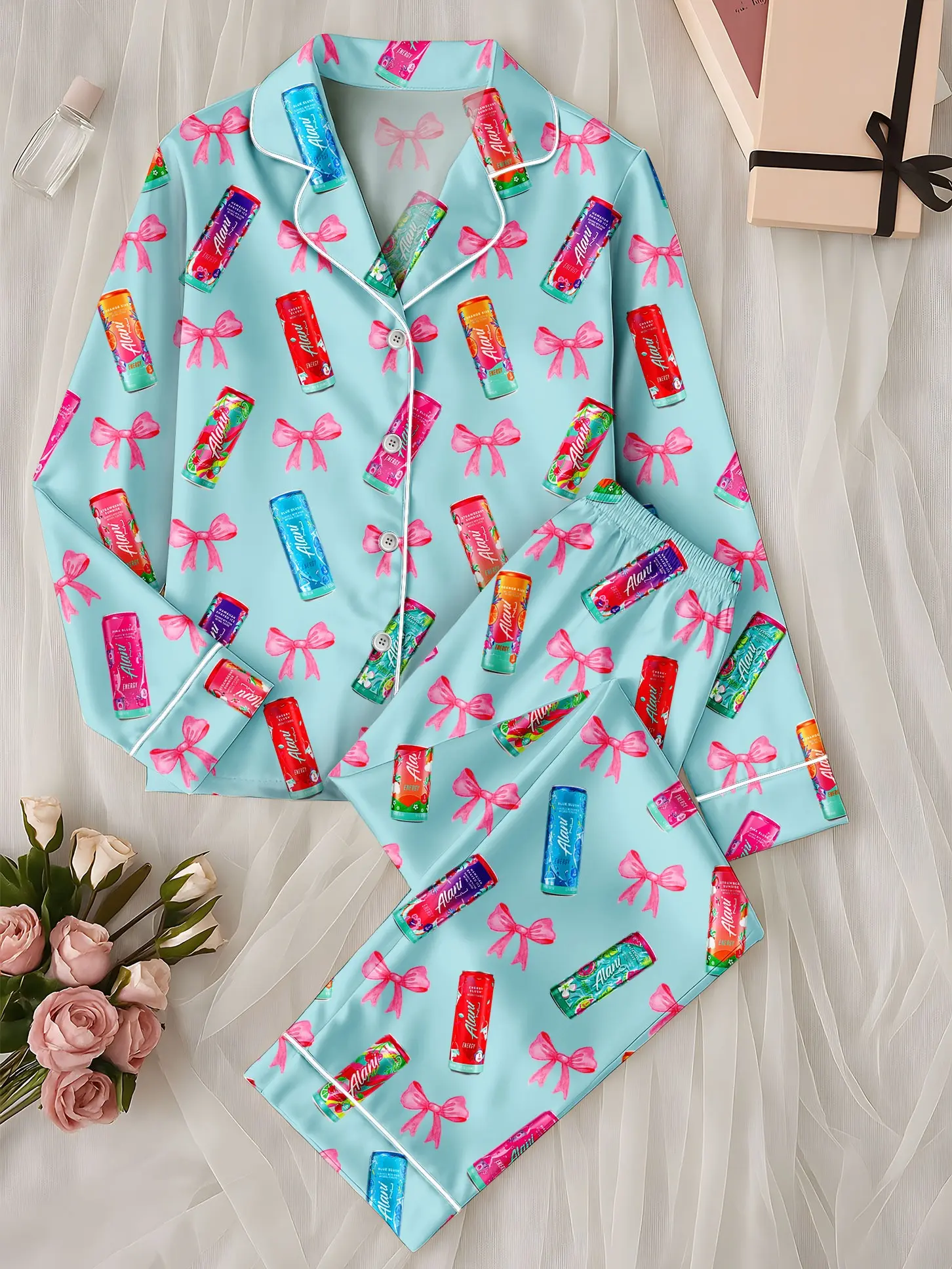 Alani Pajamas Set, Alani Energy Drink Sleepwear, Satin Loungewear For Women, Alani Lover Gift For Her