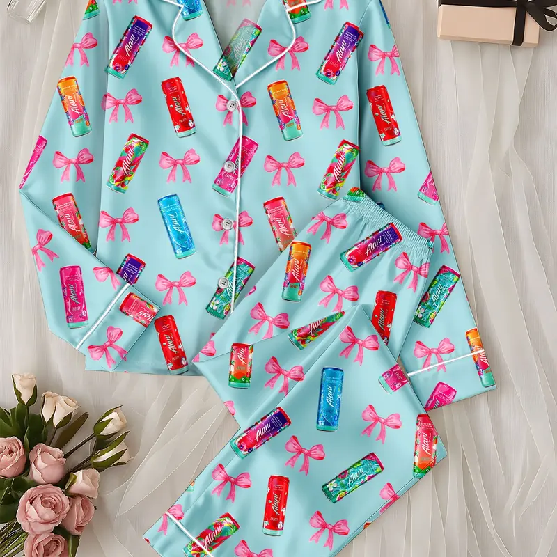 Women's Energy Drink Can Print Polyester Satin Pajama Set - Glossy, Adjustable Style Everyday Sleepwear & Loungewear, Ideal Gift for Energy Drink Lovers