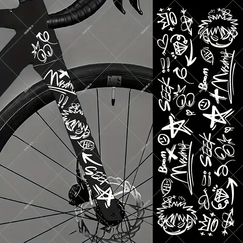 A Set Graffiti DIY Bicycle Frame Stickers, Mountain Road Fork Protector, Car PVC Stickers, Graphic Decal, Easy to Install, High Impact and Wear Resistance, Suitable for Outdoor Mountain Bike Top Tube Scratch Cover, Waterproof Durable Decals