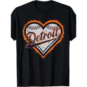 Detroit Heart Tiger Graphic Men's Cotton T-Shirt - Black, Crew Neck, Regular Fit, Casual All-Season Wear with Baseball-Themed Design