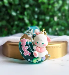 Crescent Rabbit Liquid Keychain, Kawaii Bunny Key Chain Ring Accessory, Cute Moon Shaker Bag Charm, Spring Fidget Toy, Flower Animal, Floral cute keychain