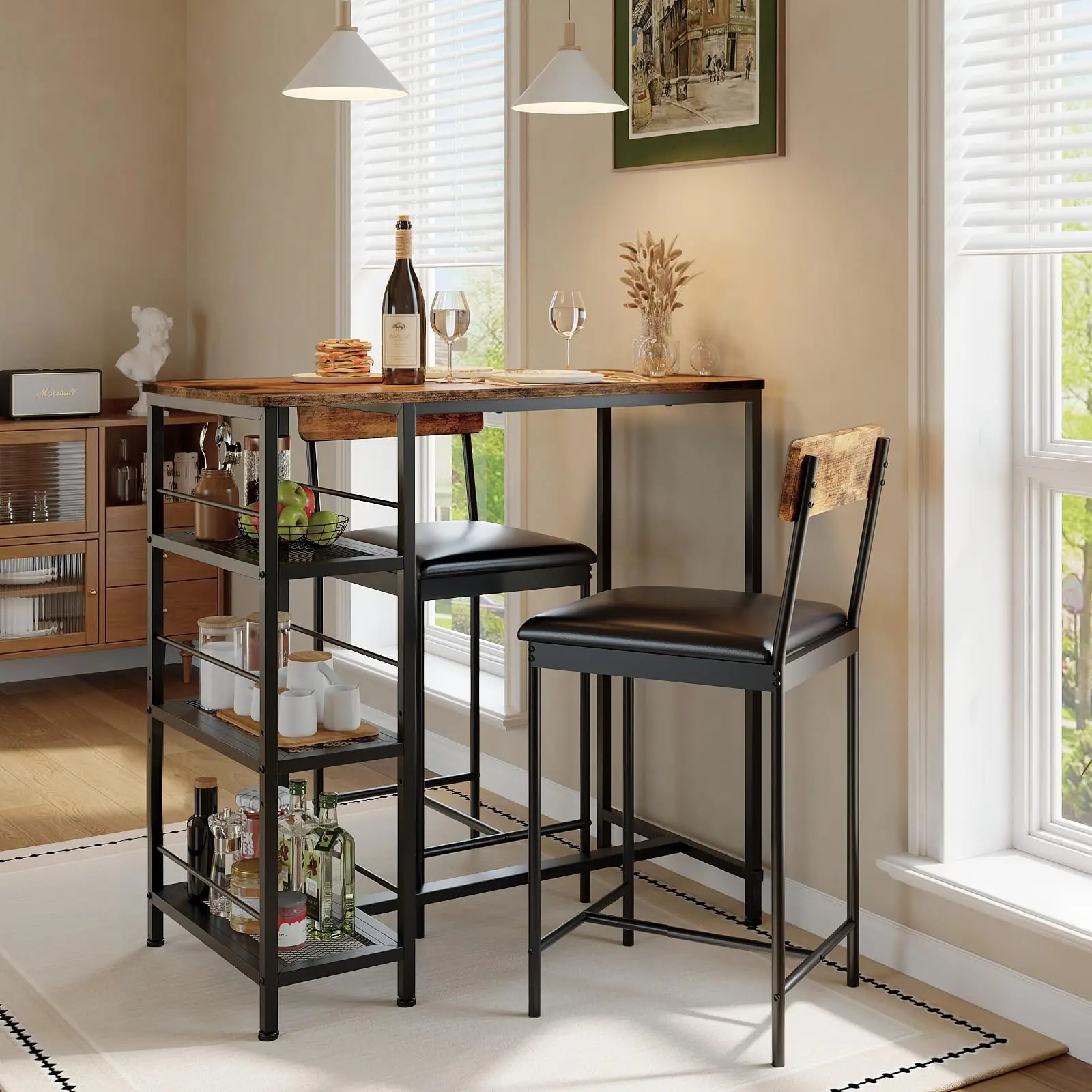 3-Piece Modern Dining Set, Dining Table Set with 2 Upholstered Bar Stools,Bar Table Set with Metal Frame&Built-in Wine Rack for Kitchen Dining Room Apartment Breakfast, Brown/Black/Gray