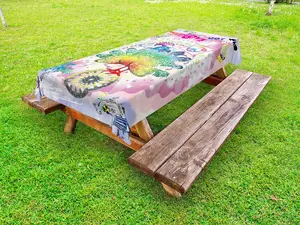 Thanksgiving Outdoor Tablecloth, Tropical Hippie Turkey Love Lettering Sunshine Hearts Beachy 60s Peace Vintage, Decorative Washable Picnic Table Cloth, 58" X 84", Multicolor