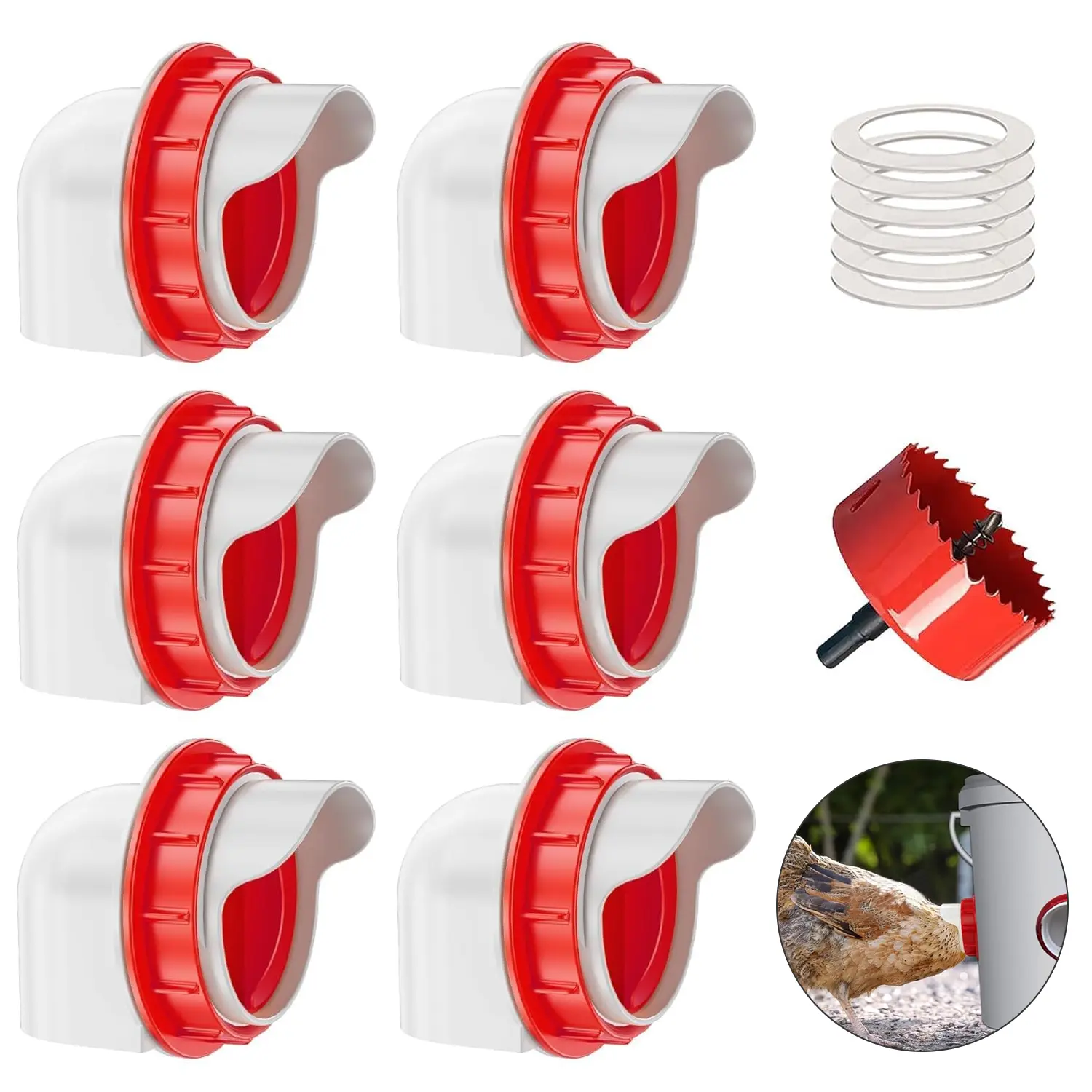 Automatic Chicken Feeders No Waste 6 Ports 1 Hole Saw with Covers Gravity Feed Kit for Pet Feeding Utensils for Chickens Ducks Geese etc Outdoor Rainproof Waterproof Design