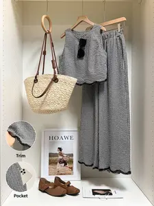 Women's Gingham Loose-Fit Summer Set, Sleeveless Vest & High-Waisted Wide-Leg Pants, Casual Two-Piece, Slimming Effect