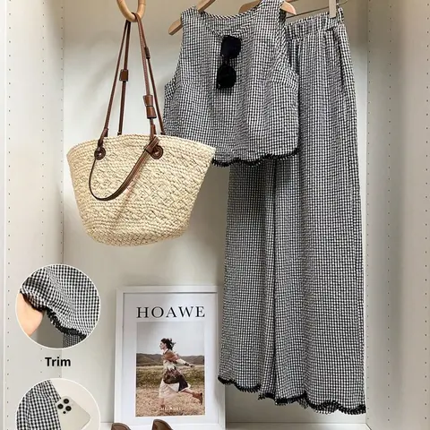 Women's Gingham Loose-Fit Summer Set, Matching Outfit Set, Sleeveless Crop Top Vest & High-Waisted Wide-Leg Pants, Casual Two-Piece, Slimming Effect, Loose Pant Sets, Fashion Style Sets