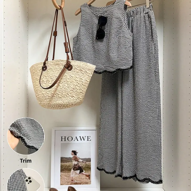Women's Gingham Loose-Fit Summer Set, Matching Outfit Set, Sleeveless Crop Top Vest & High-Waisted Wide-Leg Pants, Casual Two-Piece, Slimming Effect, Loose Pant Sets, Fashion Style Sets
