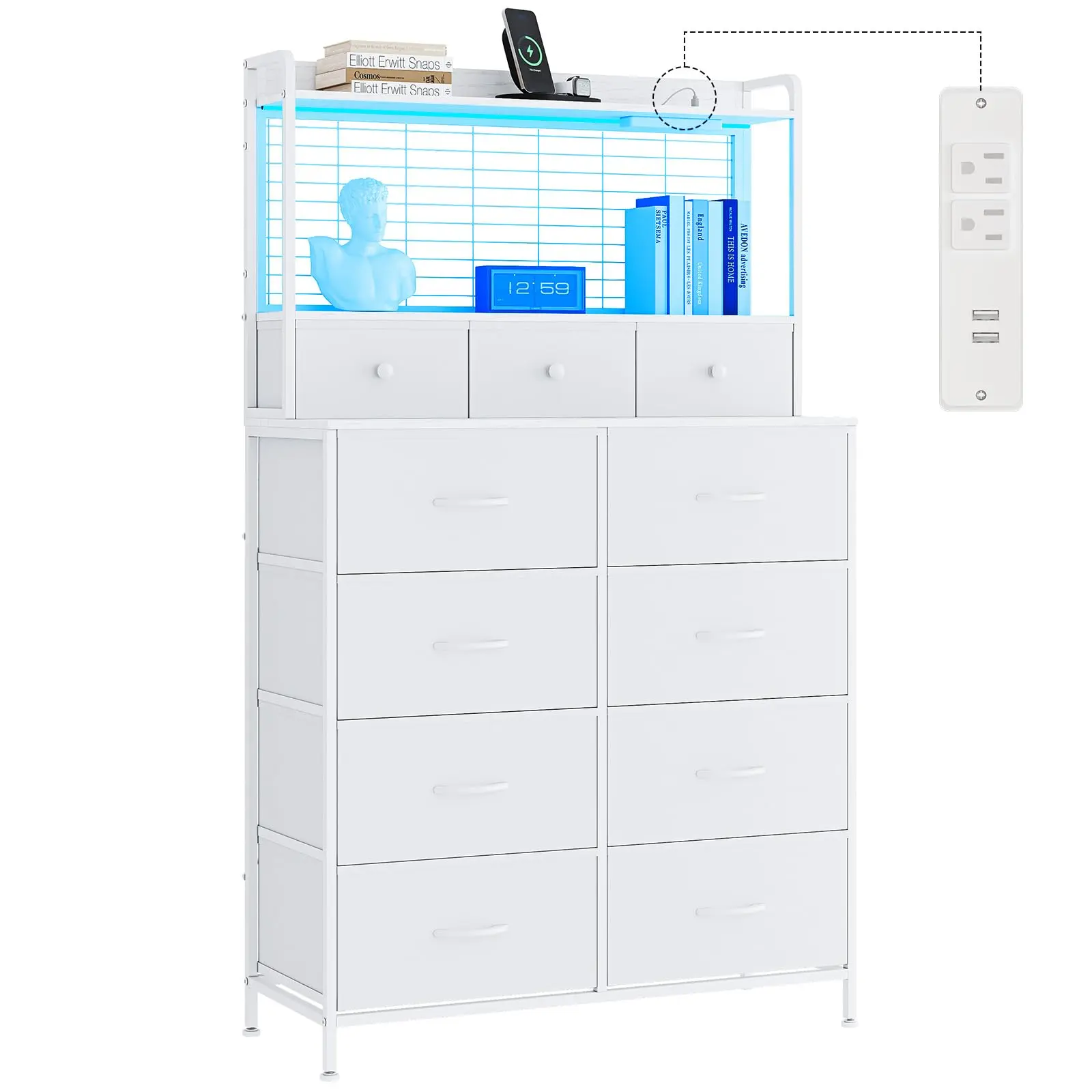 Garvee Smart Dresser with 11 Fabric Drawers, Built-in Charging Station & App-Controlled RGB LED Lighting - Industrial Storage Organizer with Anti-Tipping Design for Bedroom, Living Room, Closet, White
