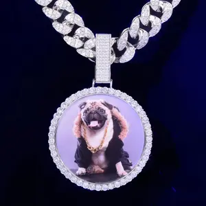 Hip Hop Large Round Photo Pendant Necklace | Iced Out Copper Chain with Cubic Zirconia | Trendy Street Style Jewelry