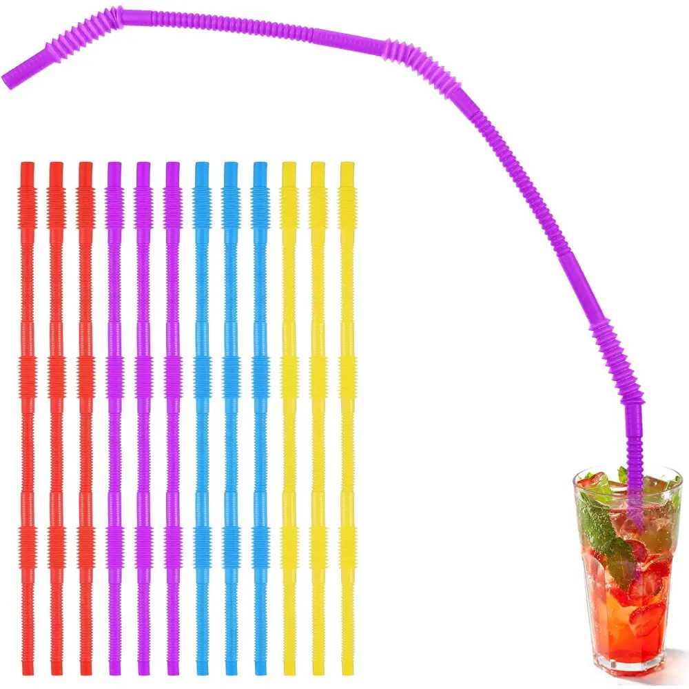 12-Piece Flexible Plastic Drinking Straws - Colorful Drinkware Accessories, Extra-Long 28-In Bendy Straws for Parties, Camping, Dishwasher Safe (Red, Yellow, Blue, Purple), Colorful Straw Drinkware Accessories