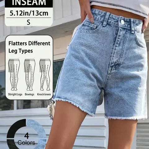 High Waist Casual Denim Jean Shorts High Waisted Cuffed Bottom with Raw Hem, Fitted, Perfect for Women Everyday Wear, Fashionable and Flattering Design