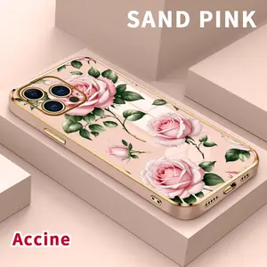 Electroplating Phone Case for iPhone 15 Pro Max 16 14 Plus 13 12 11 Pink Rose Reverie Patterned Classic Square Design Non Slip TPU Soft Shell