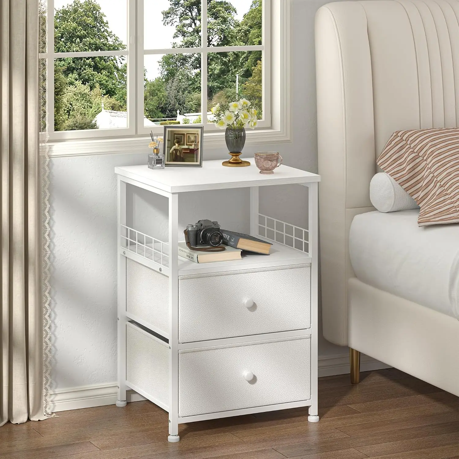 【TikTokShopRestock】 RaybeeFurniture 1/2 , Bedside Table with Fabric Drawers and Open Wood Shelf Storage, Bed Side Table, Night Stand for Bedroom, Livi