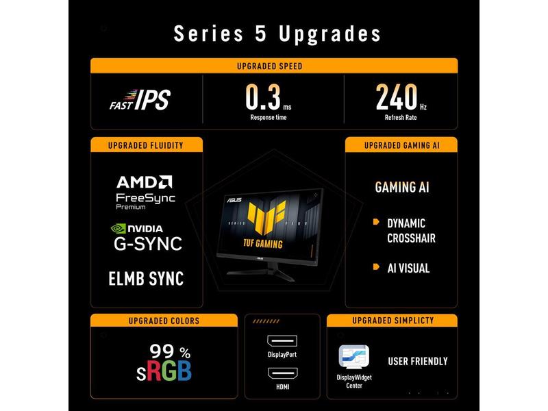 ASUS TUF Gaming Series 5 - VG249QM5A Gaming Monitor– 23.8" FHD(1920 x 1080) Fast-IPS, 240Hz, 0.3ms, G-SYNC® compatible, AMD FreeSync™ Premium, ELMB SYNC, 99% sRGB, DisplayWidget Center, Gaming AI,