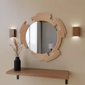 Round Wall Glass Mirror "SCULPTED" - Modern Minimalist Decor, Handmade Gift Wood Fiber Framed Design, For Entryways, Living Room, and More